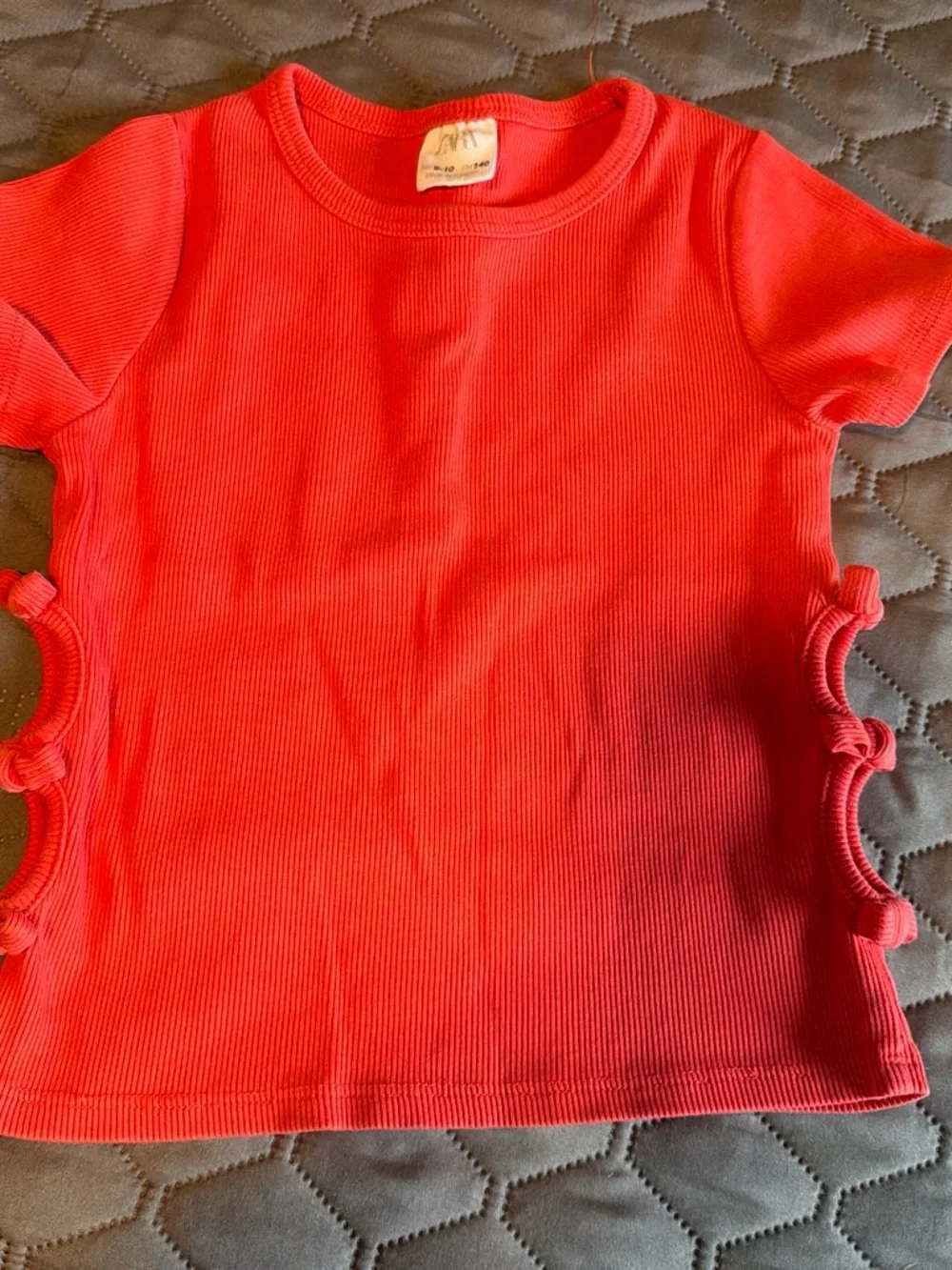 Zara Red Ribbed Short Sleeve Tee with Side Tie Cutouts